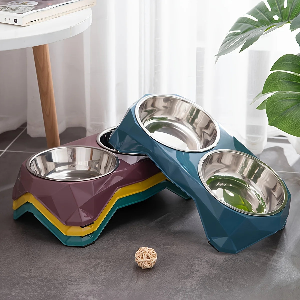 Stainless Steel Pet Double Bowl Upgraded Diamon Pattern Large Capacity Food Bowl for Dog Cat Non-slip Pet Water Feeder Bowls