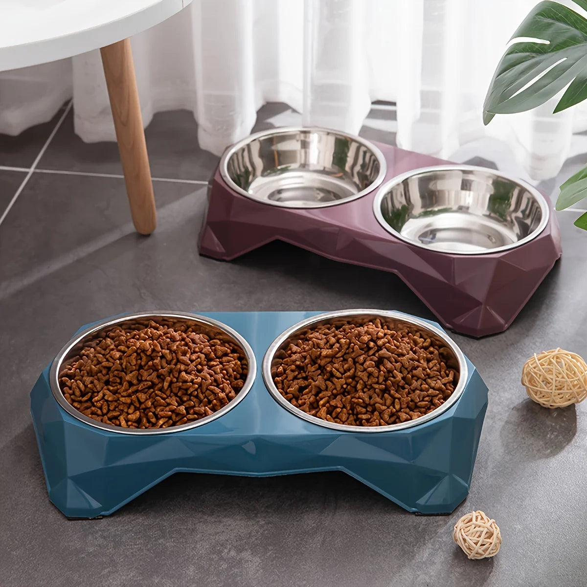 Stainless Steel Pet Double Bowl Upgraded Diamon Pattern Large Capacity Food Bowl for Dog Cat Non-slip Pet Water Feeder Bowls