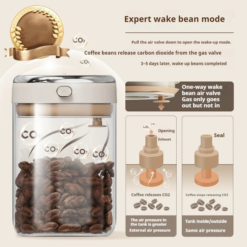 Vacuum Food Grade Coffee Bean Sealed Jar with Date Tracker and Waking Bean Valve Storage Containers for Grain, Snack, Sugar, Tea