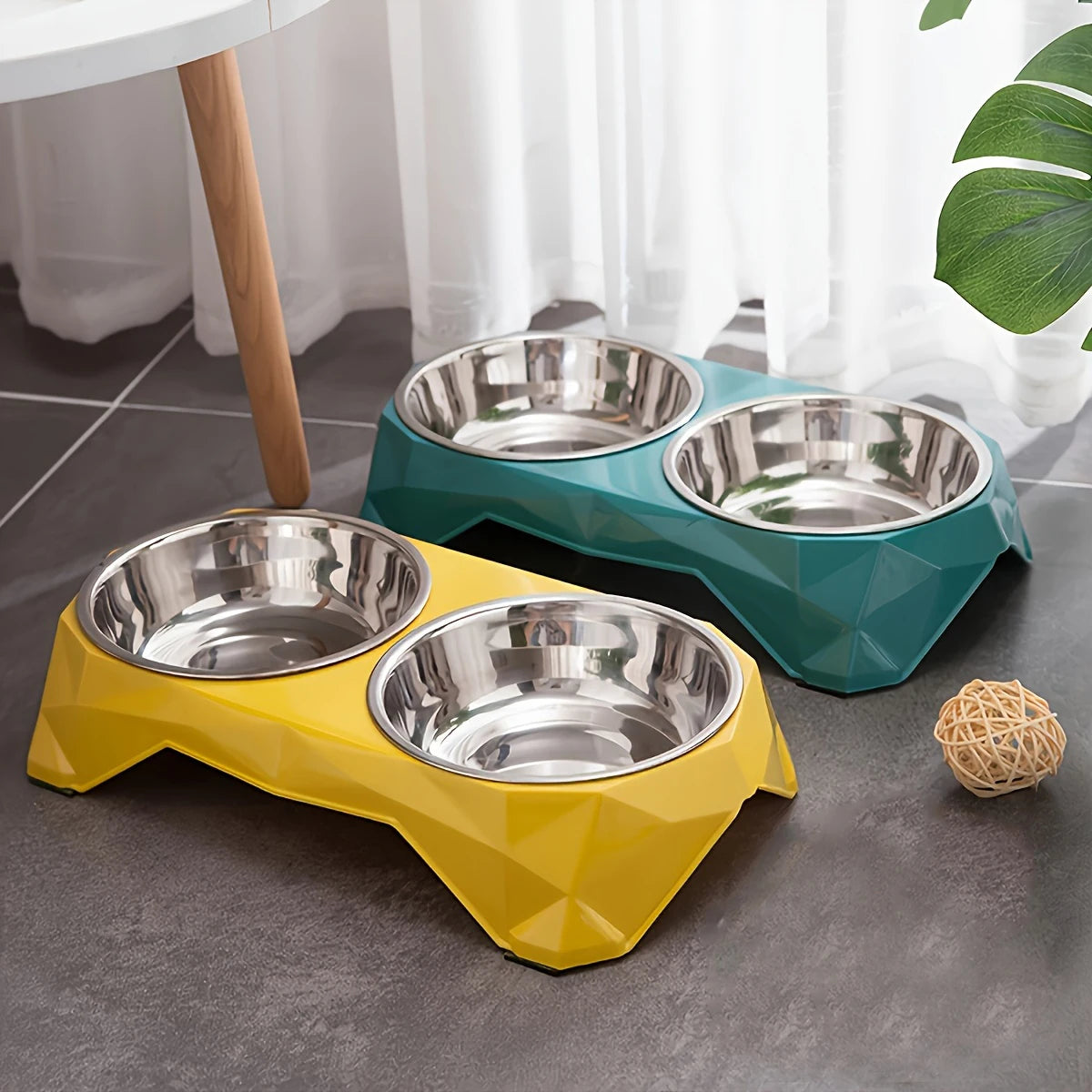 Stainless Steel Pet Double Bowl Upgraded Diamon Pattern Large Capacity Food Bowl for Dog Cat Non-slip Pet Water Feeder Bowls