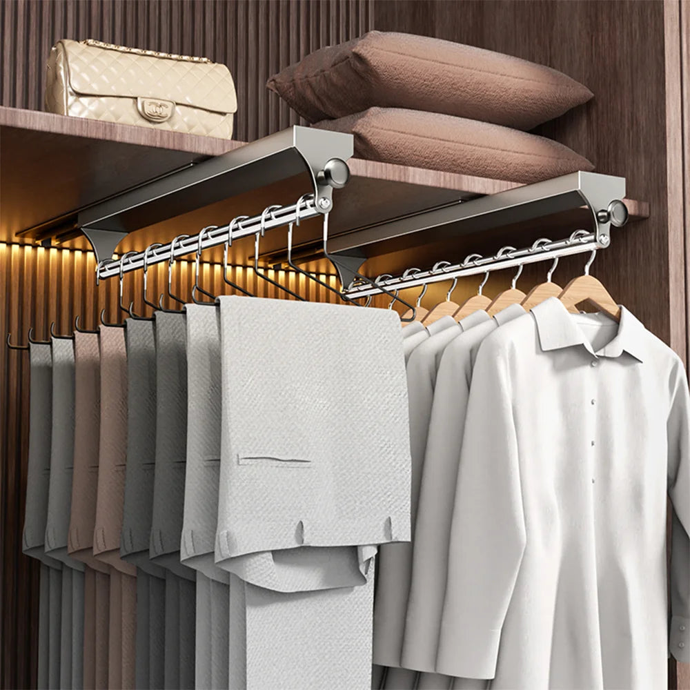 Pull Push Adjustable Top Mounting Closet Interior Telescopic Hanging Rod Cloakroom Retractable Slide Track Clothes Organizer