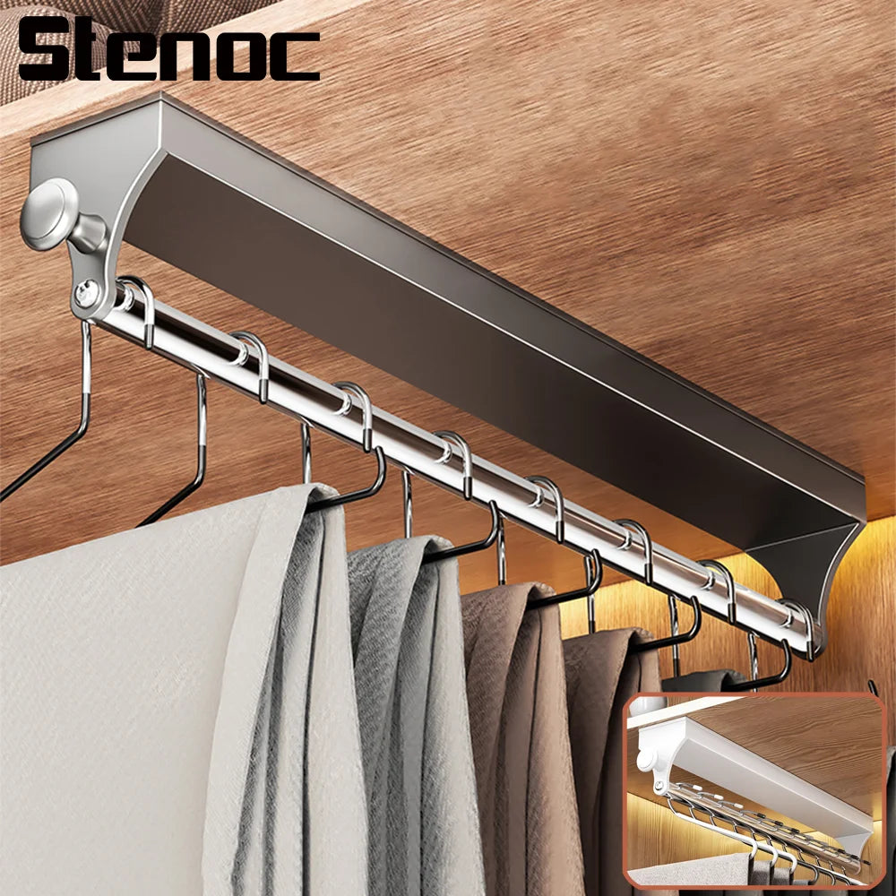 Pull Push Adjustable Top Mounting Closet Interior Telescopic Hanging Rod Cloakroom Retractable Slide Track Clothes Organizer